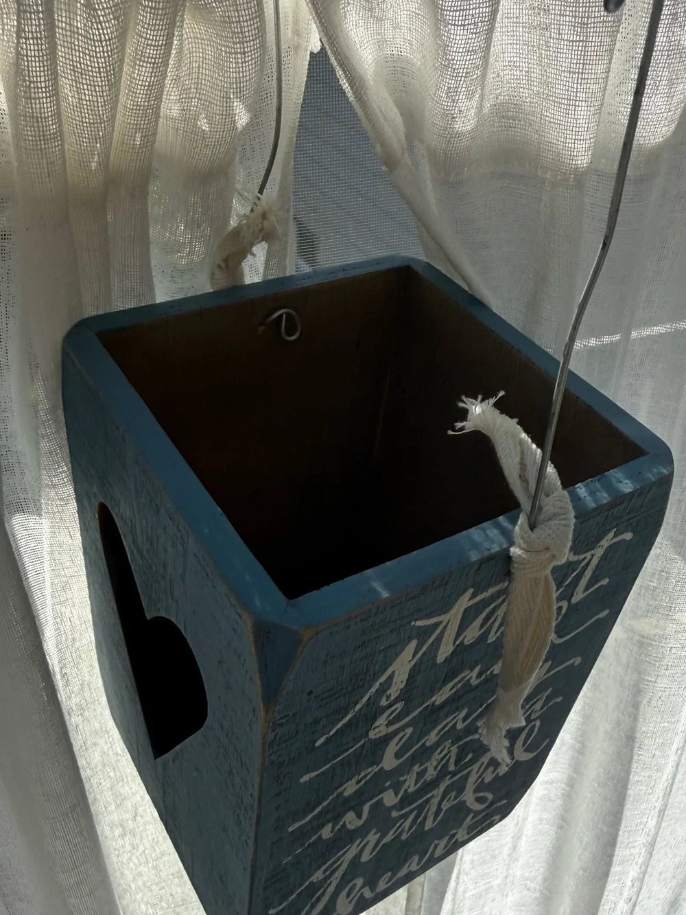 Blue Heart Hanging Lantern with White Script Accent